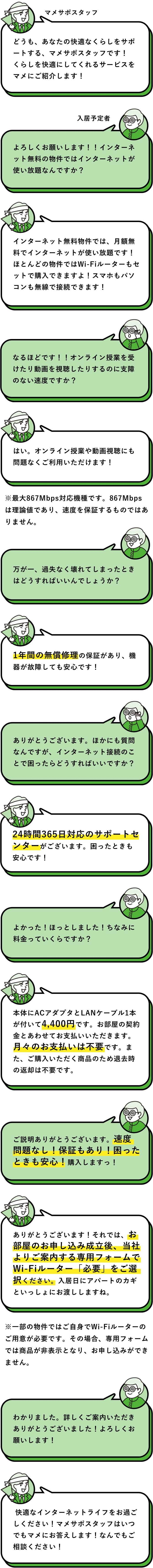 マメサポスタッフ：どうも、あなたの快適なくらしをサポートする、マメサポスタッフです！くらしを快適にしてくれるサービスをマメにご紹介します！　入居予定者：よろしくお願いします！！インターネット無料の物件ではインターネットが使い放題なんですか？　マメサポスタッフ：インターネット無料物件では、月額無料でインターネットが使い放題です！ほとんどの物件ではWi-Fiルーターもセットで購入できますよ！スマホもパソコンも無線で接続できます！　入居予定者：なるほどです！！オンライン授業を受けたり動画を視聴したりするのに支障のない速度ですか？　マメサポスタッフ：はい。オンライン授業や動画視聴にも問題なくご利用いただけます！　※最大867Mbps対応機種です。867Mbpsは理論値であり、速度を保証するものではありません。　入居予定者：万が一、過失なく壊れてしまったときはどうすればいいんでしょうか？　マメサポスタッフ：1年間の無償修理の保証があり、機器が故障しても安心です！　入居予定者：ありがとうございます。ほかにも質問なんですが、インターネット接続のことで困ったらどうすればいいですか？　マメサポスタッフ：24時間365日対応のサポートセンターがございます。困ったときも安心です！　入居予定者：よかった！ほっとしました！ちなみに料金っていくらですか？　マメサポスタッフ：本体にACアダプタとLANケーブル1本が付いて4,400円です。お部屋の契約金とあわせてお支払いいただきます。月々のお支払いは不要です。また、ご購入いただく商品のため退去時の返却は不要です。　入居予定者：ご説明ありがとうございます。速度問題なし！保証もあり！困ったときも安心！購入しますっ！　マメサポスタッフ：ありがとうございます！それでは、お部屋のお申し込み成立後、当社よりご案内する専用フォームでWi-Fiルーター「必要」をご選択ください。入居日にアパートのカギといっしょにお渡ししますね。　※一部の物件ではご自身でWi-Fiルーターのご用意が必要です。その場合、専用フォームでは商品が非表示となり、お申し込みができません。　入居予定者：わかりました。詳しくご案内いただきありがとうございました！よろしくお願いします！　マメサポスタッフ：快適なインターネットライフをお過ごしください！マメサポスタッフはいつでもマメにお答えします！なんでもご相談ください！