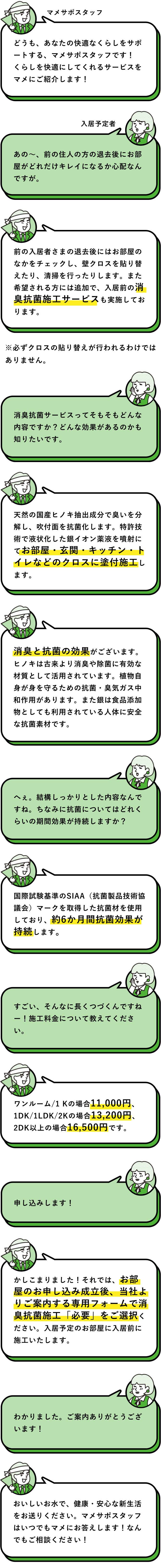 マメサポスタッフ：どうも、あなたの快適なくらしをサポートする、マメサポスタッフです！くらしを快適にしてくれるサービスをマメにご紹介します！　入居予定者：あの〜、前の住人の方の退去後にお部屋がどれだけキレイになるか心配なんですがぁ。　マメサポスタッフ：前の入居者さまの退去後にはお部屋のなかをチェックし、壁クロスを貼り替えたり、清掃を行ったりします。また希望される方には追加で、入居前の消臭抗菌施工サービスも実施しております。　※必ずクロスの貼り替えが行われるわけではありません。　入居予定者：消臭抗菌サービスってそもそもどんな内容ですかぁ？どんな効果があるのかも知りたいですぅ。　マメサポスタッフ：天然の国産ヒノキ抽出成分で臭いを分解し、吹付面を抗菌化します。特許技術で液状化した銀イオン薬液を噴射にてお部屋・玄関・キッチン・トイレなどのクロスに塗付施工します。　消臭と抗菌の効果がございます。ヒノキは古来より消臭や除菌に有効な材質として活用されています。植物自身が身を守るための抗菌・臭気ガス中和作用があります。また銀は食品添加物としても利用されている人体に安全な抗菌素材です。　入居予定者：へぇ。結構しっかりとした内容なんですねぇ。ちなみに抗菌についてはどれくらいの期間効果が持続しますかぁ？　マメサポスタッフ：国際試験基準のSIAA（抗菌製品技術協議会）マークを取得した抗菌材を使用しており、約6か月間抗菌効果が持続します。　入居予定者：すっごい、そんなに長くつづくんですねぇー！施工料金について教えてくださぁーい。　マメサポスタッフ：ワンルーム/1 Kの場合11,000円、1DK/1LDK/2Kの場合13,200円、2DK以上の場合16,500円です。　入居予定者：申し込みしまぁーす！　マメサポスタッフ：かしこまりました！それでは、お部屋のお申し込み成立後、当社よりご案内する専用フォームで消臭抗菌施工「必要」をご選択ください。入居予定のお部屋に入居前に施工いたします。　入居予定者：わかりましたぁ。ご案内ありがとうございますぅ！　マメサポスタッフ：清潔なお部屋で新生活のスタートを気持ちよく迎えてくださいね！マメサポスタッフはいつでもマメにお答えします！なんでもご相談ください！