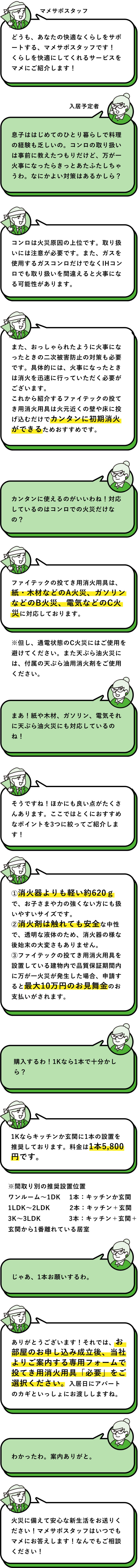 マメサポスタッフ：どうも、あなたの快適なくらしをサポートする、マメサポスタッフです！くらしを快適にしてくれるサービスをマメにご紹介します！ 入居予定者：息子ははじめてのひとり暮らしで料理の経験も乏しいの。コンロの取り扱いは事前に教えたつもりだけど、万が一火事になったらきっとあたふたしちゃうわ。なにかよい対策はあるかしら？　マメサポスタッフ：コンロは火災原因の上位です。取り扱いには注意が必要です。また、ガスを使用するガスコンロだけでなくIHコンロでも取り扱いを間違えると火事になる可能性があります。また、おっしゃられたように火事になったときの二次被害防止の対策も必要です。具体的には、火事になったときは消火を迅速に行っていただく必要がございます。これから紹介するファイテックの投てき用消火用具は火元近くの壁や床に投げ込むだけでカンタンに初期消火ができるためおすすめです。　入居予定者：カンタンに使えるのがいいわね！対応しているのはコンロでの火災だけなの？　マメサポスタッフ：ファイテックの投てき用消火用具は、紙・木材などのA火災、ガソリンなどのB火災、電気などのC火災に対応しております。　※但し、通電状態のC火災にはご使用を避けてください。また天ぷら油火災には、付属の天ぷら油用消火剤をご使用ください。　入居予定者：まあ！紙や木材、ガソリン、電気それに天ぷら油火災にも対応しているのね！　マメサポスタッフ：そうですね！ほかにも良い点がたくさんあります。ここではとくにおすすめなポイントを3つに絞ってご紹介します！　①消火器よりも軽い約620ｇで、お子さまや力の強くない方にも扱いやすいサイズです。②消火剤は触れても安全な中性で、透明な液体のため、消火器の様な後始末の大変さもありません。③ファイテックの投てき用消火用具を設置している建物内で品質保証期間内に万が一火災が発生した場合、申請すると最大10万円のお見舞金のお支払いがされます。 入居予定者：購入するわ！1Kなら1本で十分かしら？ マメサポスタッフ：1Kならキッチンか玄関に1本の設置を推奨しております。料金は1本5,800円です。 ※間取り別の推奨設置位置 ワンルーム～1DK 1本：キッチンか玄関、1LDK～2LDK 2本：キッチン＋玄関、3K～3LDK 3本：キッチン＋玄関＋玄関から1番離れている居室　入居予定者：じゃあ、1本お願いするわ。　マメサポスタッフ：ありがとうございます！それでは、お部屋のお申し込み成立後、当社よりご案内する専用フォームで投てき用消火用具「必要」をご選択ください。入居日にアパートのカギといっしょにお渡ししますね。　入居予定者：わかったわ。案内ありがと。　マメサポスタッフ：火災に備えて安心な新生活をお送りください！マメサポスタッフはいつでもマメにお答えします！なんでもご相談ください！